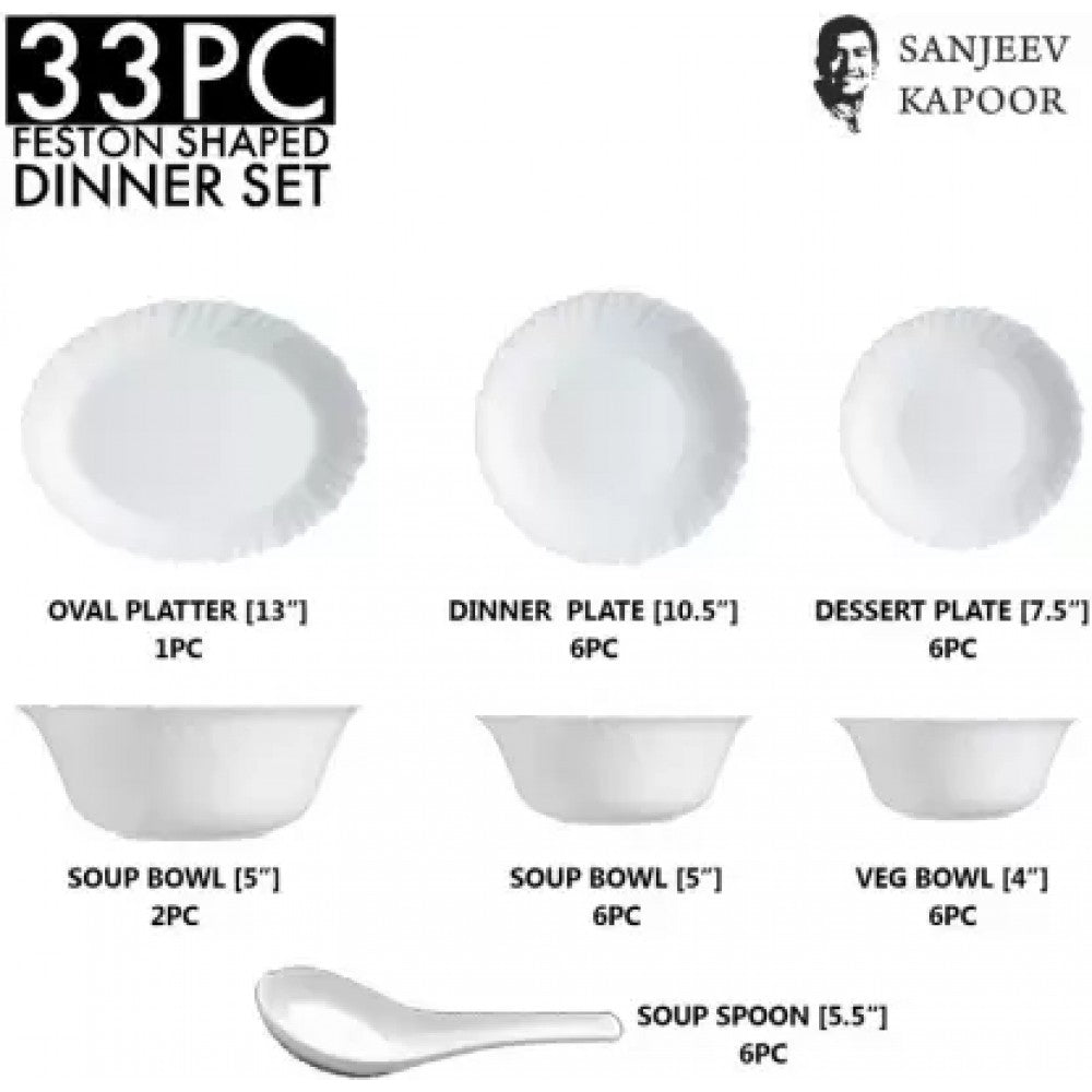 33 PC | White FESTON Shape | Dinner Set | Sanjeev Kapoor