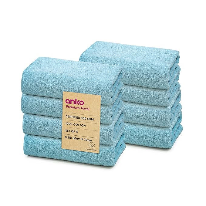 Anko Australia 100% Cotton 350 GSM Madison Face Towels – Set of 8 | Super Soft & Absorbent - Random Color