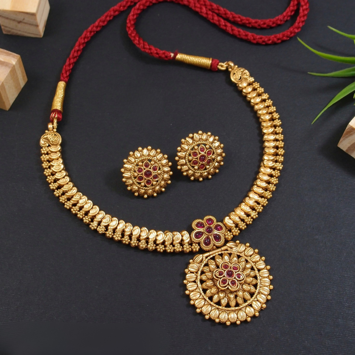Antique Brass Necklace Set with 1 Gram Rajwadi Gold Polish