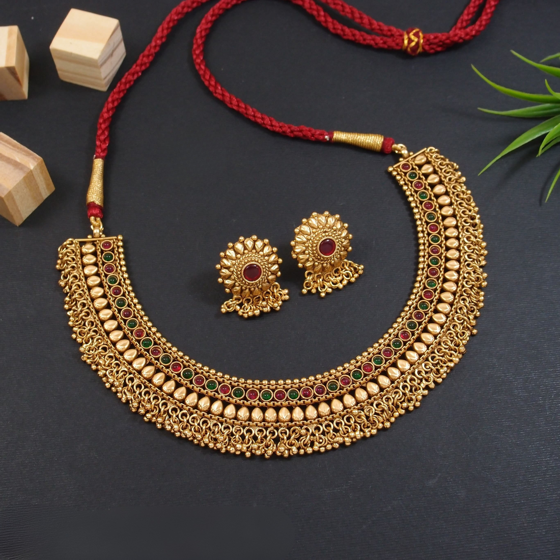 Brass Necklace Set with 1 Gram Rajwadi Gold Polish