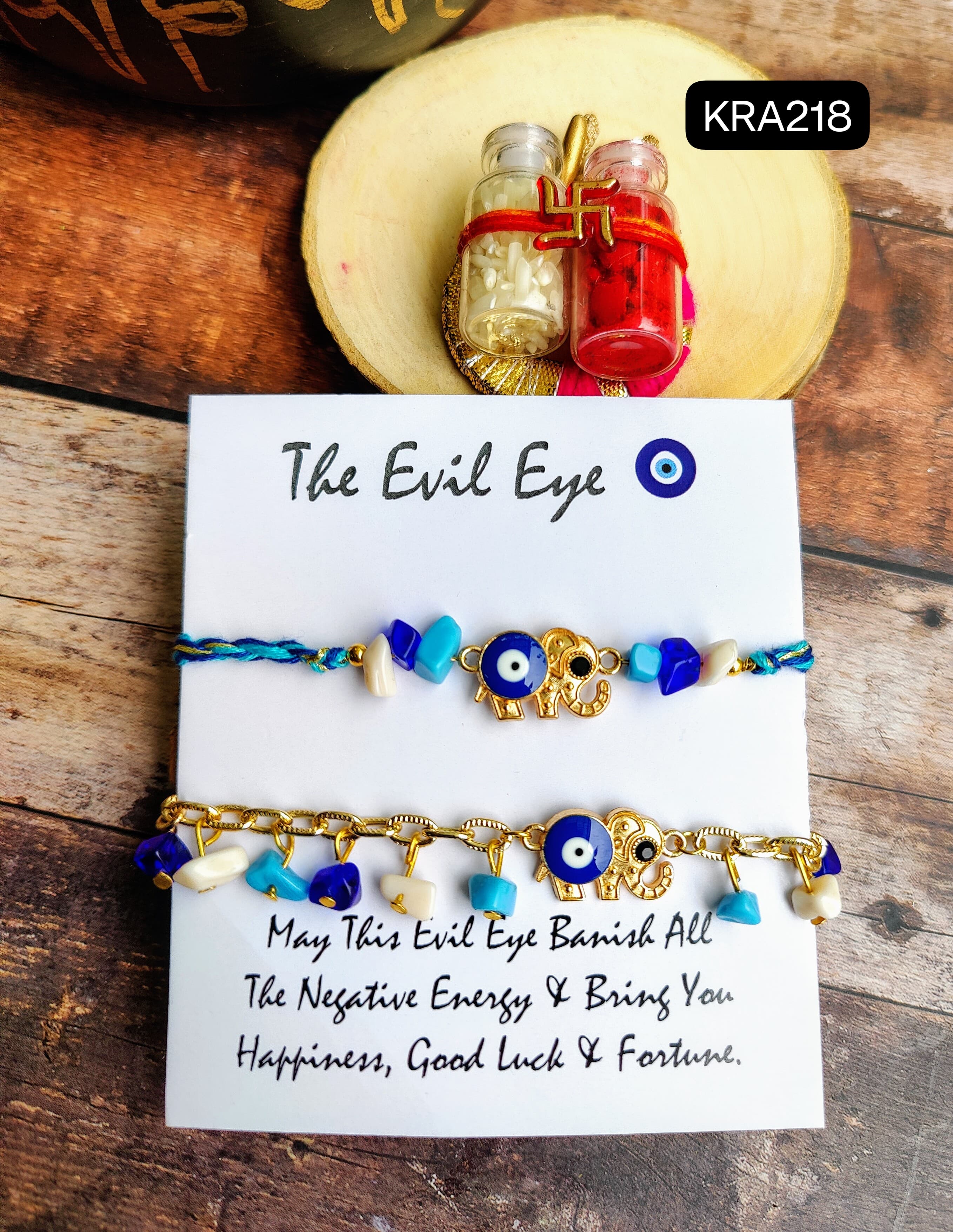 Elephant Shaped Evil Eye Rakhi Pair for Bhai-Bhabhi