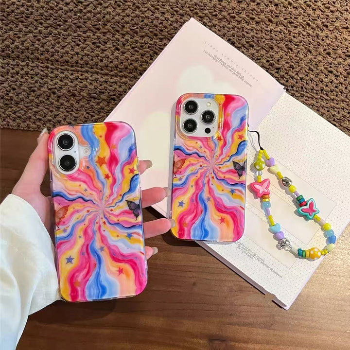 Colorful Rainbow iPhone Case with Butterfly Charm – Soft & Stylish Cover