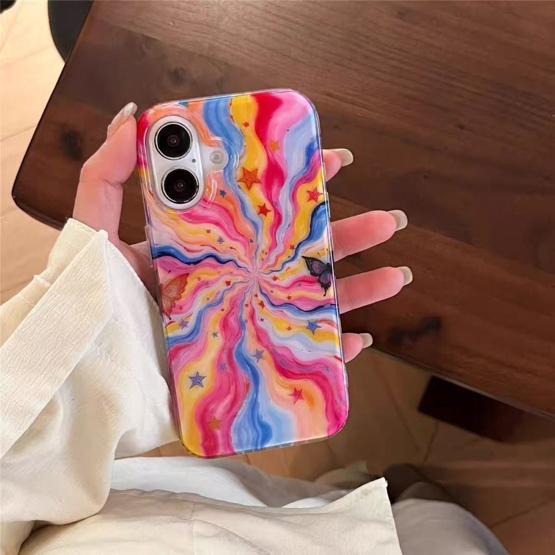 Colorful Rainbow iPhone Case with Butterfly Charm – Soft & Stylish Cover