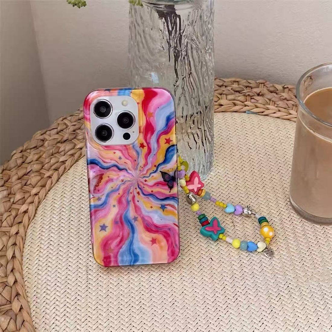 Colorful Rainbow iPhone Case with Butterfly Charm – Soft & Stylish Cover