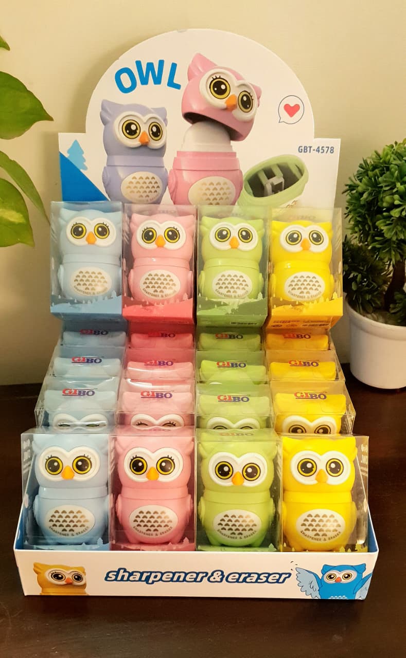 Cute Owl Design Pencil Sharpener & Eraser Set
