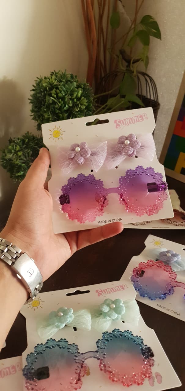 Pastel Bow Hairpin with Floral Sunglass Combo