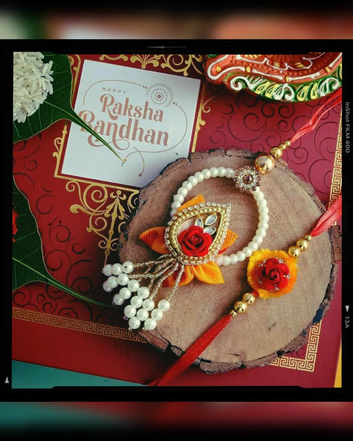 Red Rose with White Pearl Couple Rakhi