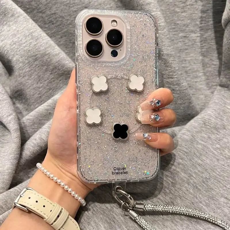 Sparkle Clover Charm Case with Silver Hand Chain