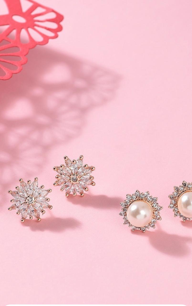 Set of 2 Gold-Plated Gold-Toned & White Contemporary Studs Earrings