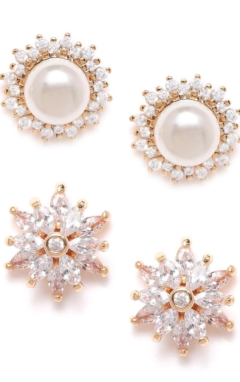 Set of 2 Gold-Plated Gold-Toned & White Contemporary Studs Earrings